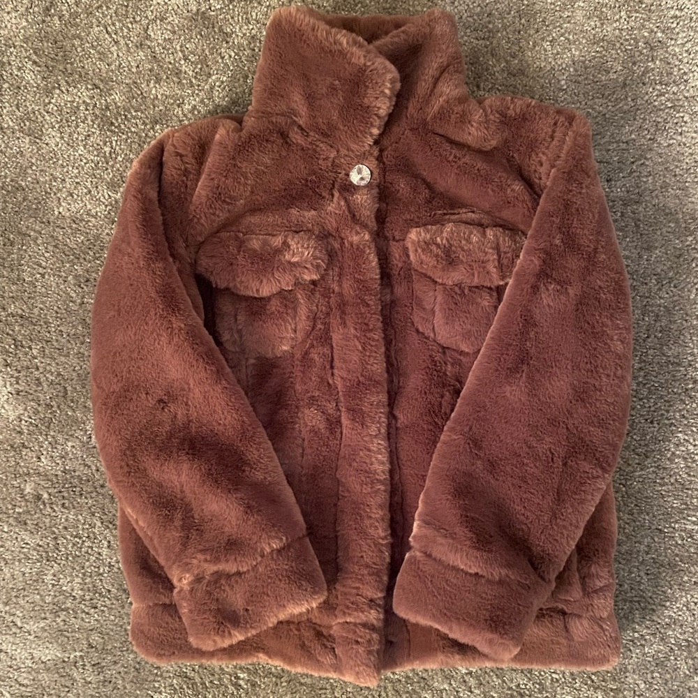 Girls winter faux fur bomber jacket. Like new condition (worn twice)